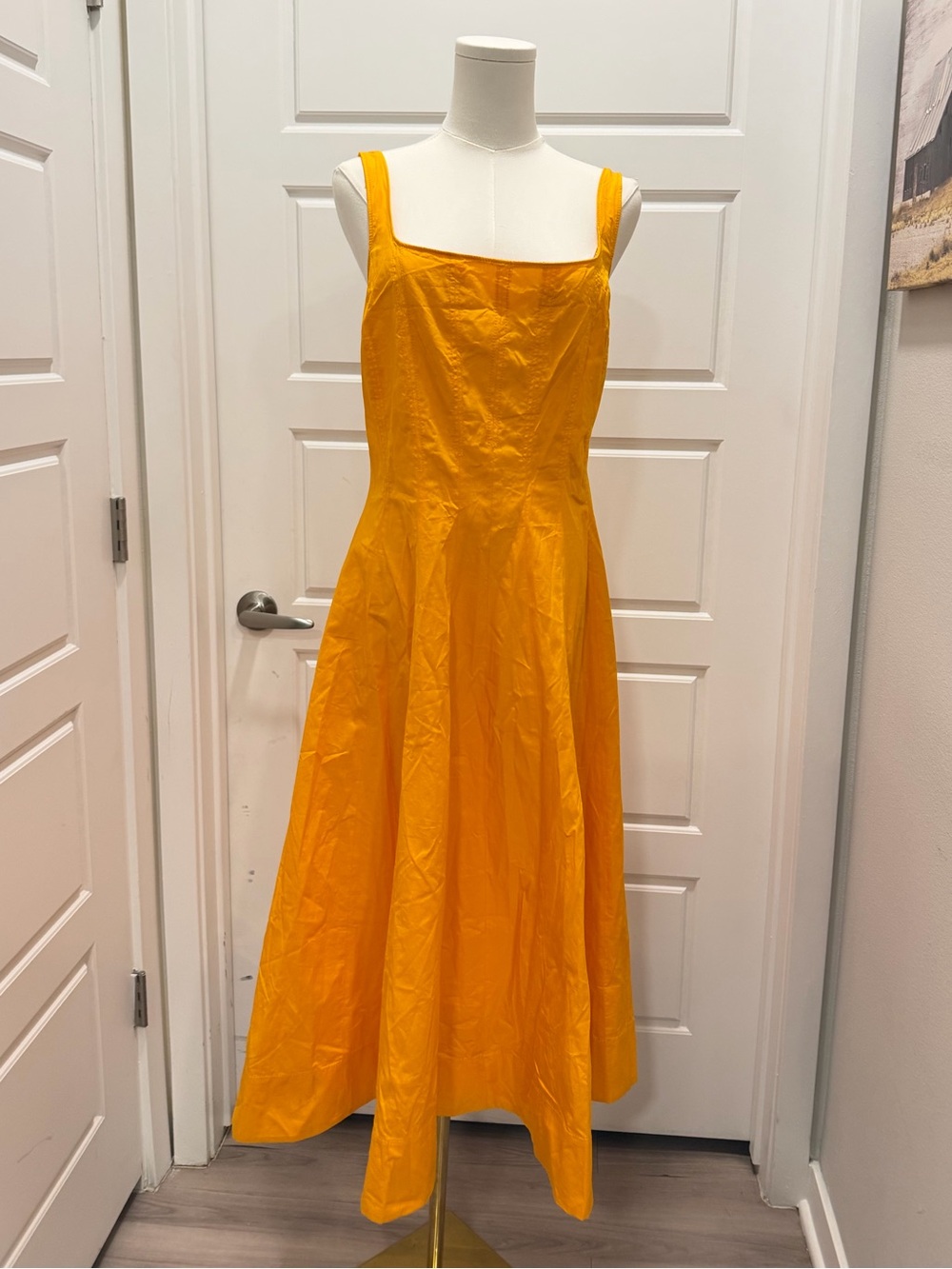 Zara Bright Orange  Square-Neck Midi Cotton Dress